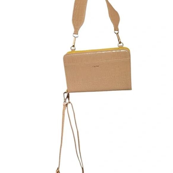 Calpak Travel Croc Wallet Sand and Yellow Handle Adjustable Shoulder Strap